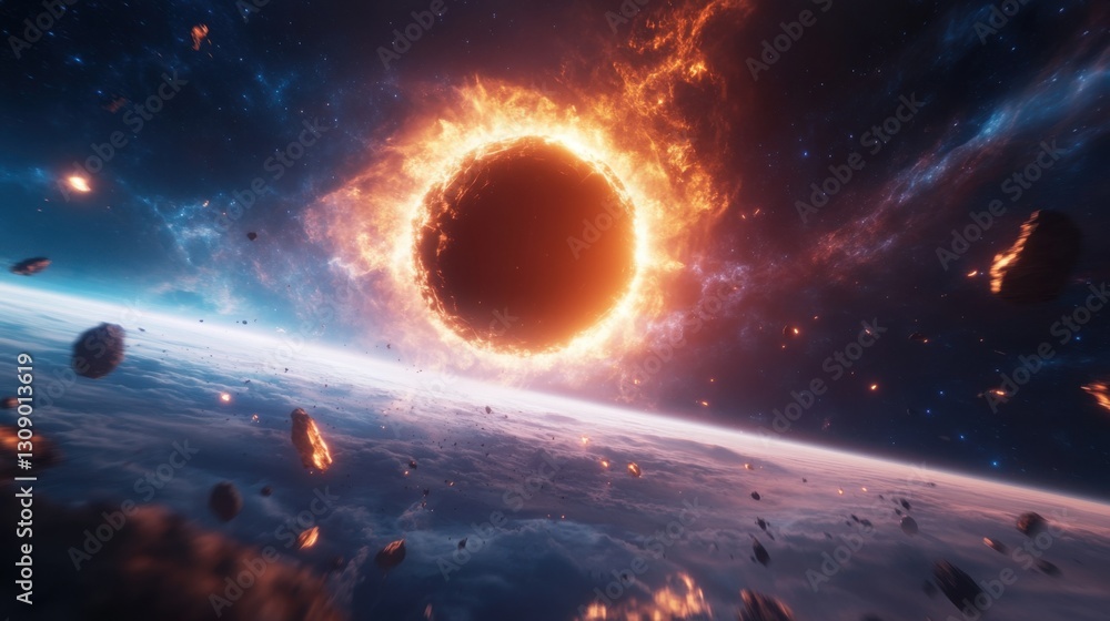 Obraz premium Fiery cosmic ring, celestial event, space rocks, burning sun, fiery nebula, planet, atmosphere, 