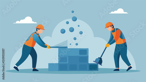 With practiced precision the workers use the concrete to eliminate any bubbles or air pockets in the concrete resulting in a solid durable structure.. Vector illustration