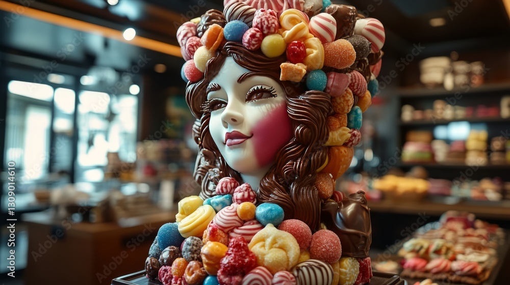 A large candy sculpture shaped like a classic statue, with layered chocolate, fondant, and gummy decorations A large candy sculpture shaped like a classic statue, with layered chocolate, fondant, and gummy decorations