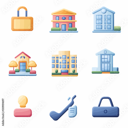 Set of colorful, 3D illustrated icons, including houses, padlocks, and golf