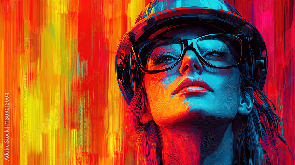 Fototapeta premium Strong woman in safety gear exudes confidence against vibrant abstract backdrop during construction project. Generative AI