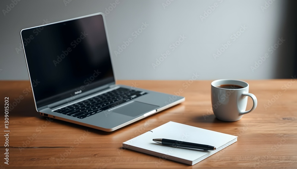 Workspace with Laptop, Coffee, Notebook, Pen, on Wooden Table Workspace with Laptop, Coffee, Notebook, Pen, on Wooden Table