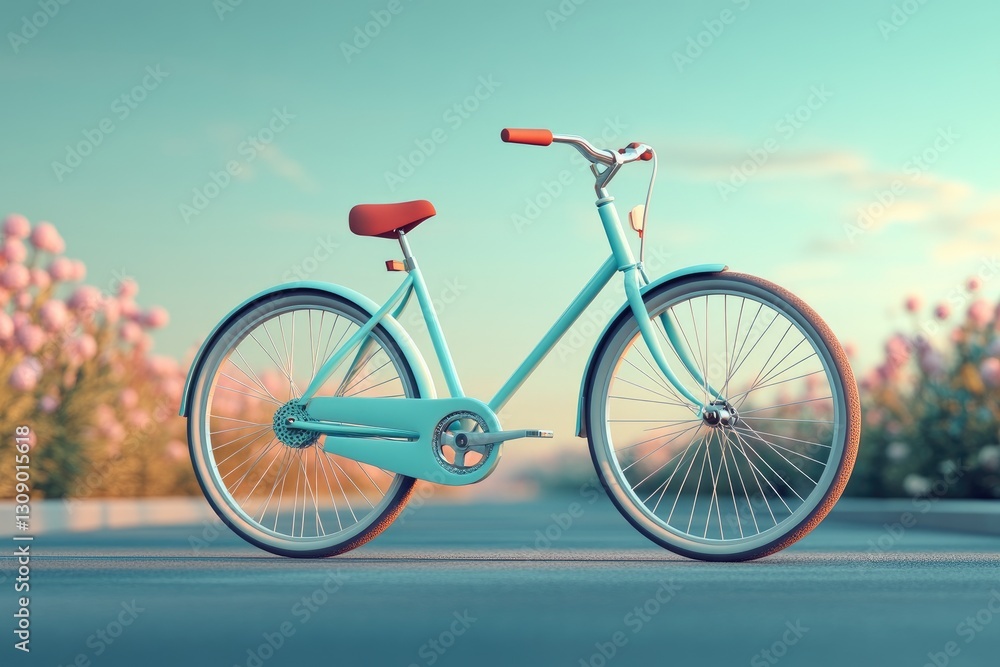 Fototapeta premium A light blue bicycle sits on a path near beautiful blooming flowers