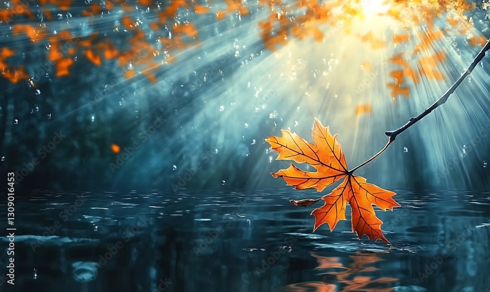 Autumn maple leaf on a branch in the rays of the sun Autumn maple leaf on a branch in the rays of the sun