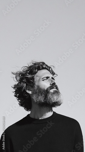 Well-groomed man confidently styling his beard with a modern trimmer against a minimalistic background