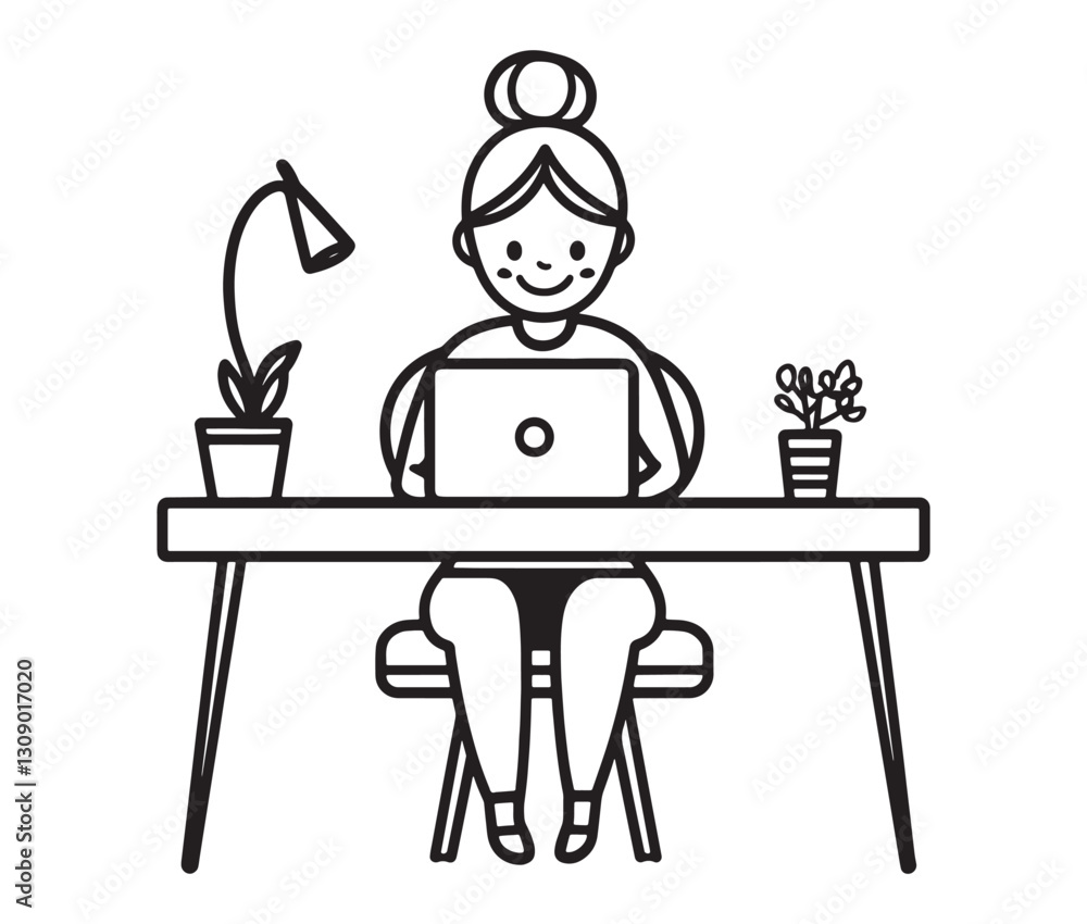 Freelancer at a stylish desk, remote work concept. Modern illustration of a woman working on a laptop Freelancer at a stylish desk, remote work concept. Modern illustration of a woman working on a laptop