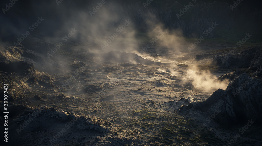 Fototapeta premium Steaming geothermal landscape with rugged terrain