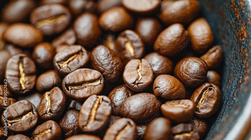 Naklejka premium Close-Up, Aromatic Roasted Coffee Beans Fill Frame, Perfect for Coffee Ad or Drink Recipe Background