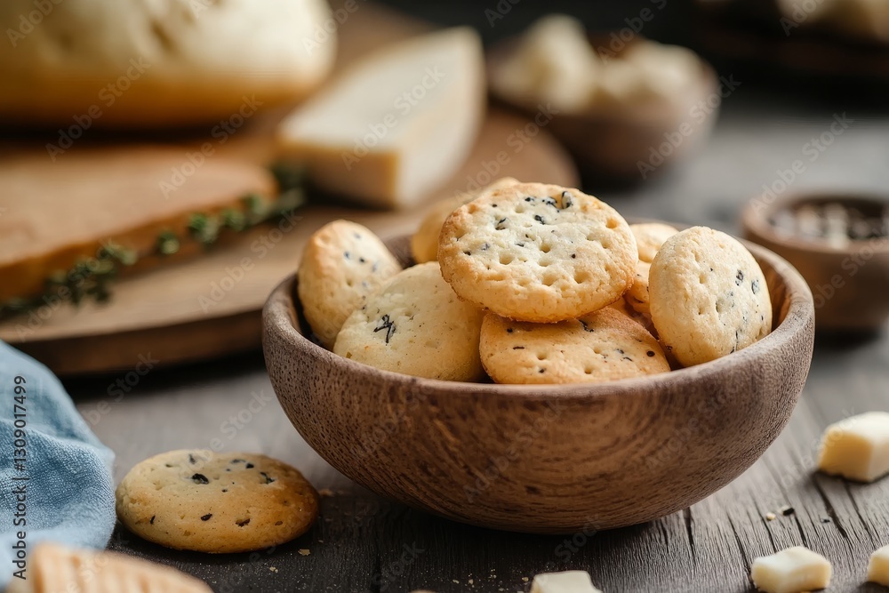 Close up of round cheese cookies in a wooden bowl on a dining table delicious snack photography Close up of round cheese cookies in a wooden bowl on a dining table delicious snack photography