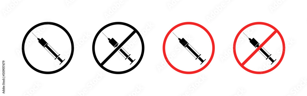 Flat linear icons set of syringe with prohibition signs - medical and safety symbols. Flat linear icons set of syringe with prohibition signs - medical and safety symbols.