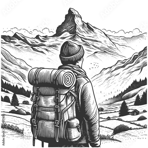 hiker standing on alpine mountain ridge, gazing at a scenic valley and lake, evoking adventure and exploration sketch engraving generative ai vector illustration. Scratch board. Black and white image.