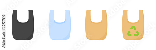 Flat icons set of shopping bags in various colors with recycle symbol - vector style.