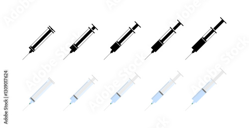 Medical syringe icons set in flat and linear styles – vector image.