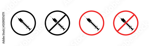 Flat linear icons set of syringe with prohibition signs - medical and safety symbols.