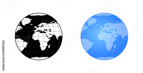 Flat icons set of two globe designs: black and white linear style and blue filled style.