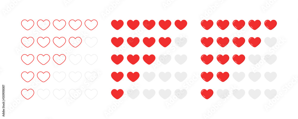 Flat linear heart rating icons set - vector graphics for ui and web design. Flat linear heart rating icons set - vector graphics for ui and web design.