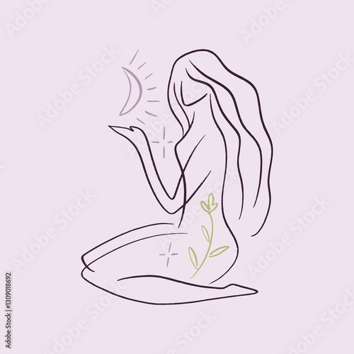Pretty girl practicing Kundalini yoga flat doodle cartoon illustration. Young woman doing asana, stretching exercise pilates princess. Female silhouette pose vector clipart