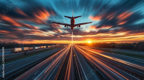 A logistics concept featuring a cargo truck on a sunset highway, airplane flying in the background, with motion blur to convey speed and efficiency 
