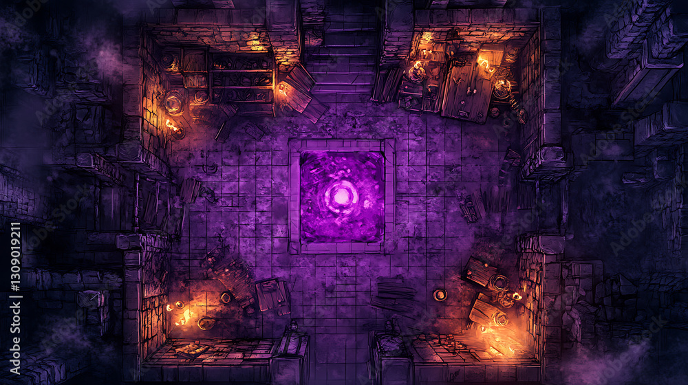 Obraz premium Dark Fantasy Battle Map: Glowing Purple Core Amidst Burning Ruins