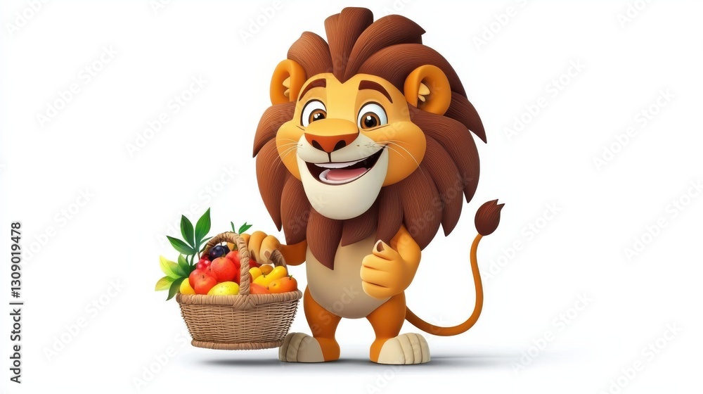Cartoon Lion Joyfully Holding a Colorful Basket of Fresh Juicy Fruit Cartoon Lion Joyfully Holding a Colorful Basket of Fresh Juicy Fruit