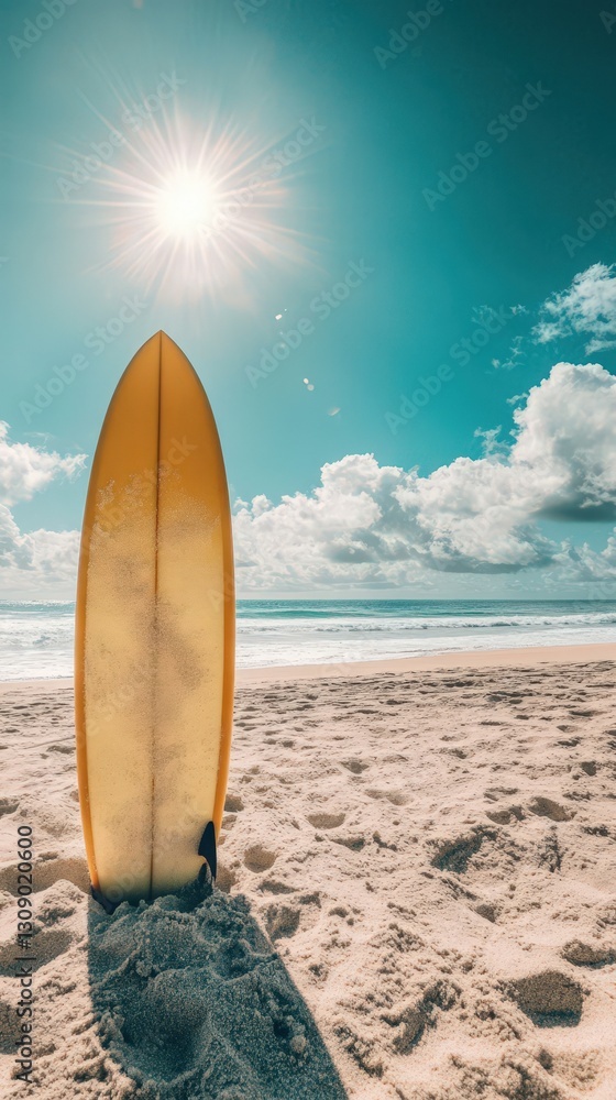 Yellow surfboard on sandy beach under bright sun Yellow surfboard on sandy beach under bright sun