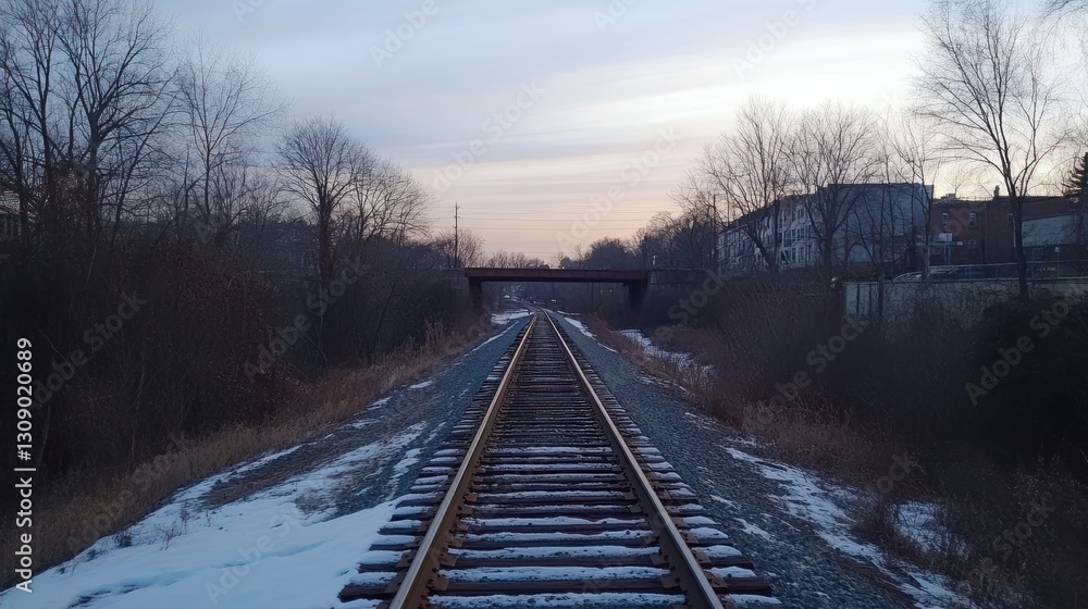 Fototapeta premium Winter Railroad Tracks Leading to the Distant Town