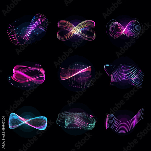 Glowing Infinity Symbols on Black Background, Abstract Data Design
