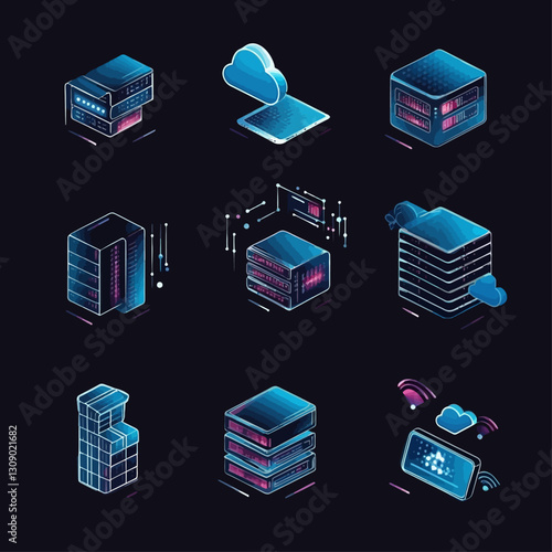 Isometric Data Servers, Cloud Computing, Digital Network Technology