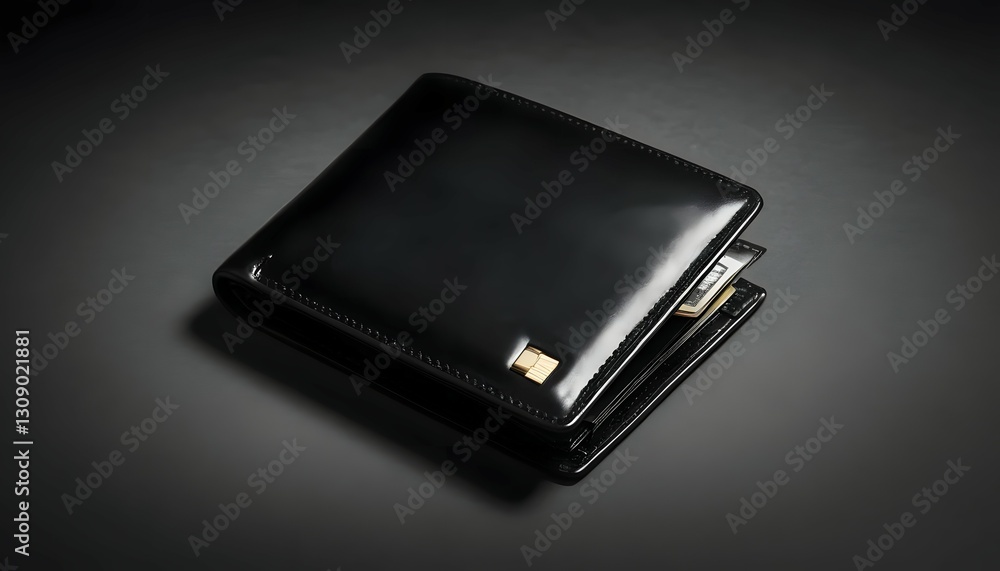 High Angle Shot Black Leather Wallet with Gold Accents on Gray Surface High Angle Shot Black Leather Wallet with Gold Accents on Gray Surface