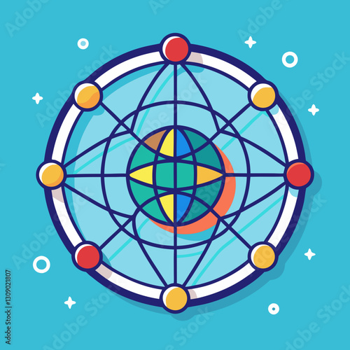 Global Network Connections with Colorful Nodes and Earth Vector, A vector illustration of the Earth surrounded by colorful network nodes, symbolizing global connectivity, communication, and digital ex