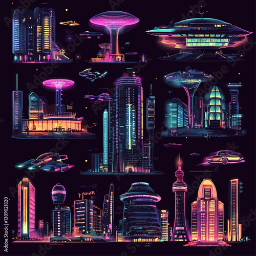 Futuristic Cityscape with Neon Lights and Flying Vehicles at Night