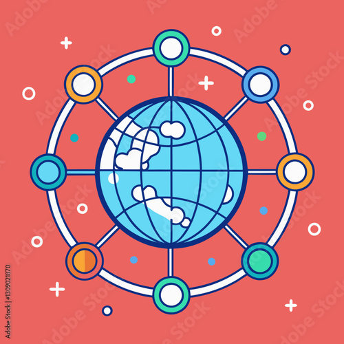 Global Network Connectivity with Cloud Vector Illustration, A vector illustration of the Earth connected by colorful nodes with cloud icons, symbolizing global communication, connectivity, and data ex