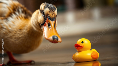 Duck quacking near a rubber duck toy on a wooden surface with copy space