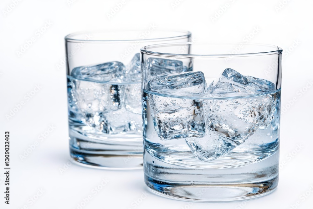 3 sets of glasses with ice water, clear and bubbly, front view isolated on a white background 3 sets of glasses with ice water, clear and bubbly, front view isolated on a white background