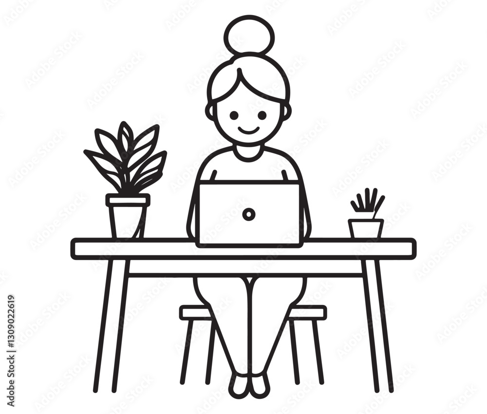 Fototapeta premium Freelancer at a stylish desk, remote work concept. Modern illustration of a woman working on a laptop