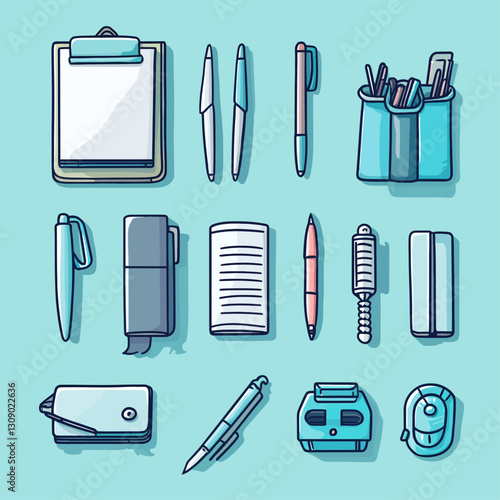 Office Supplies: Clipboard, Pens, Pencils, Notepad, Eraser, Pencil Sharpener, Tape