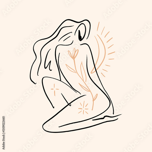 Pretty girl practicing Kundalini yoga flat doodle cartoon illustration. Young woman doing asana, stretching exercise pilates princess. Female silhouette pose vector clipart