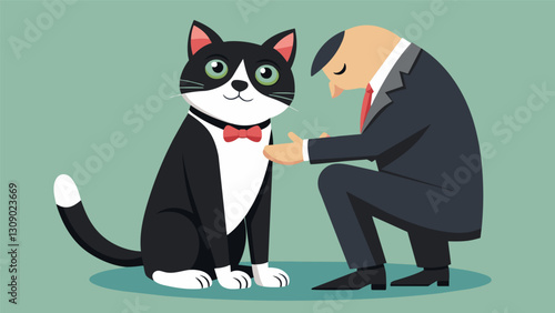 A friendly tuxedo cat rubbing against the legs of a customer seeking attention and affection while they browse.. Vector illustration