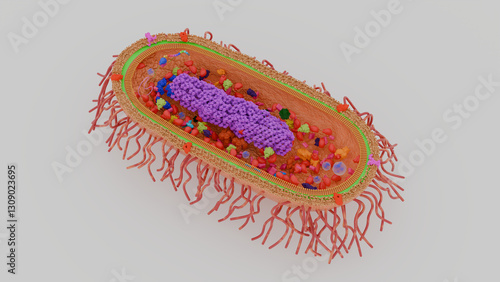 3d illustration of a bacterial cell with detailed structures and grey background