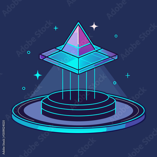 3D floating pyramid hologram vector with light beams, A vector illustration of a 3D floating pyramid hologram with light beams and glowing elements on a dark background.
