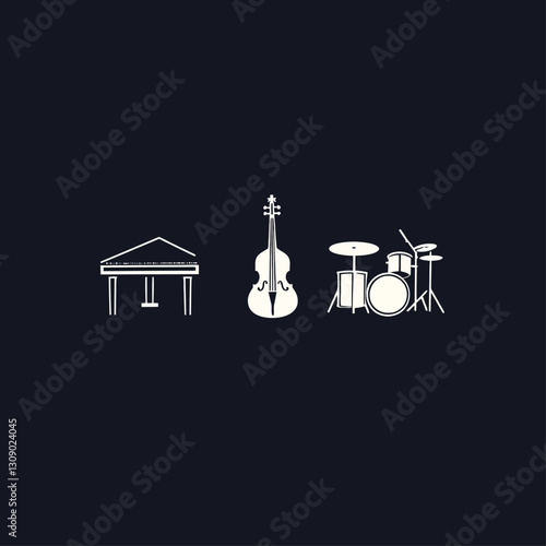 Musical instruments illustration: piano, cello, and drum set isolated
