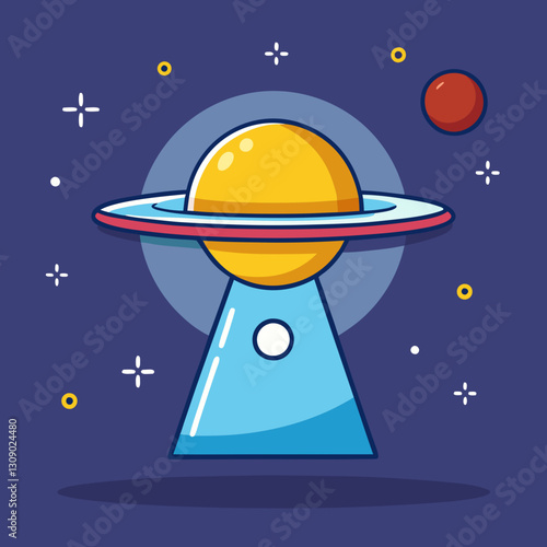 Cartoon UFO vector with yellow dome and blue base, A vector illustration of a UFO with a yellow dome, blue triangular base, and colorful planetary background.
