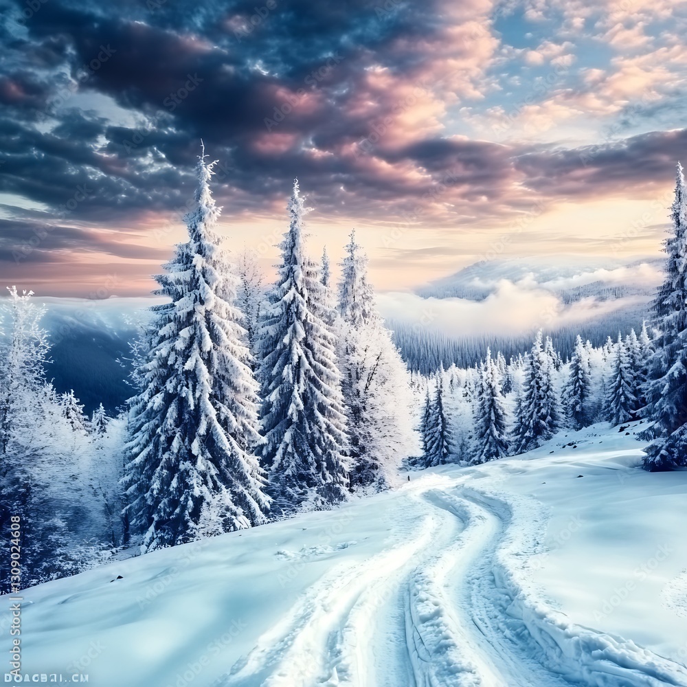 Fototapeta premium Fantastic winter landscape with snow covered trees. Dramatic sky. 