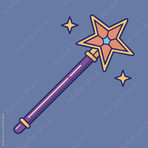 Magic wand vector with star and sparkle, A vector image of a magic wand with a five-pointed star and sparkling effects, symbolizing fantasy and magic.
