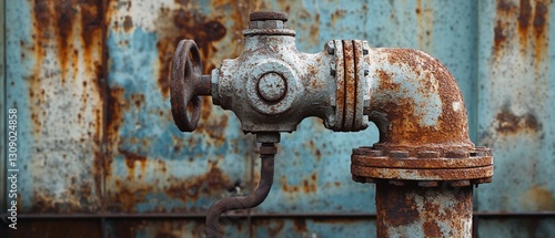 Rusted pipe fitting on weathered metal wall