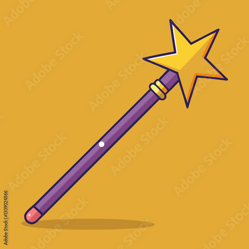 Purple magic wand vector with yellow star, A vector illustration of a purple magic wand with a golden yellow star at the top, symbolizing magic and fantasy.
