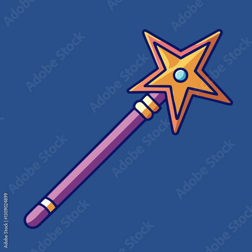 Purple magic wand vector with blue gem star, A vector image of a purple magic wand with a golden star and blue gem, symbolizing fantasy and magic.

