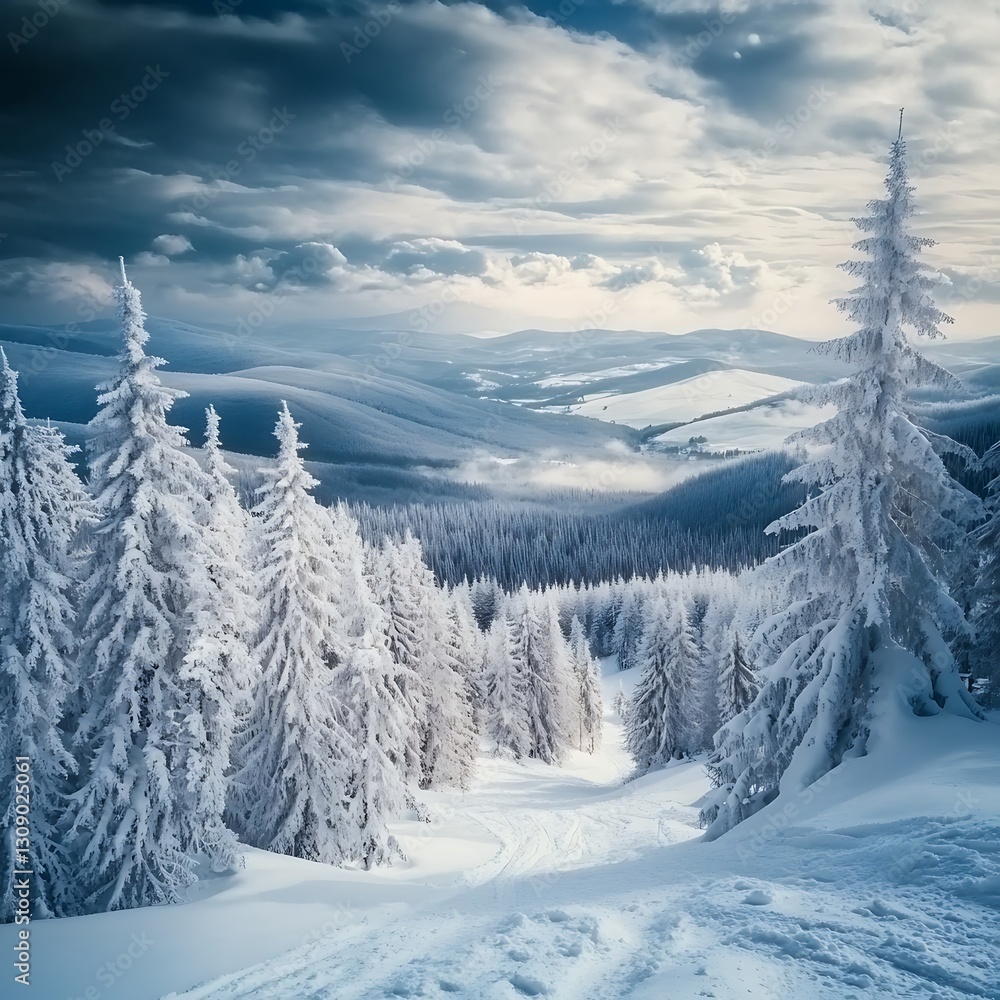 Fototapeta premium Fantastic winter landscape with snow covered trees. Dramatic sky.