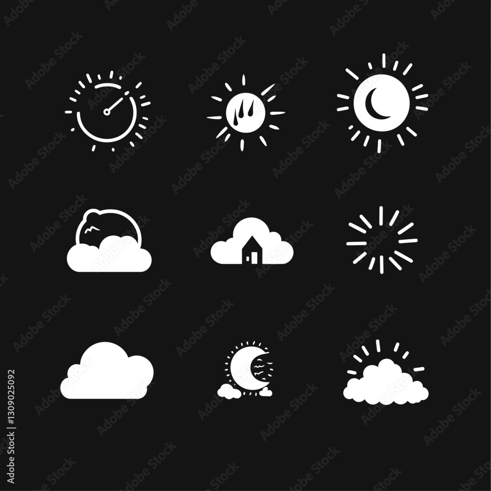 Weather Icons Set: Sun, Moon, Cloud, Time, and House Symbols on Black Weather Icons Set: Sun, Moon, Cloud, Time, and House Symbols on Black