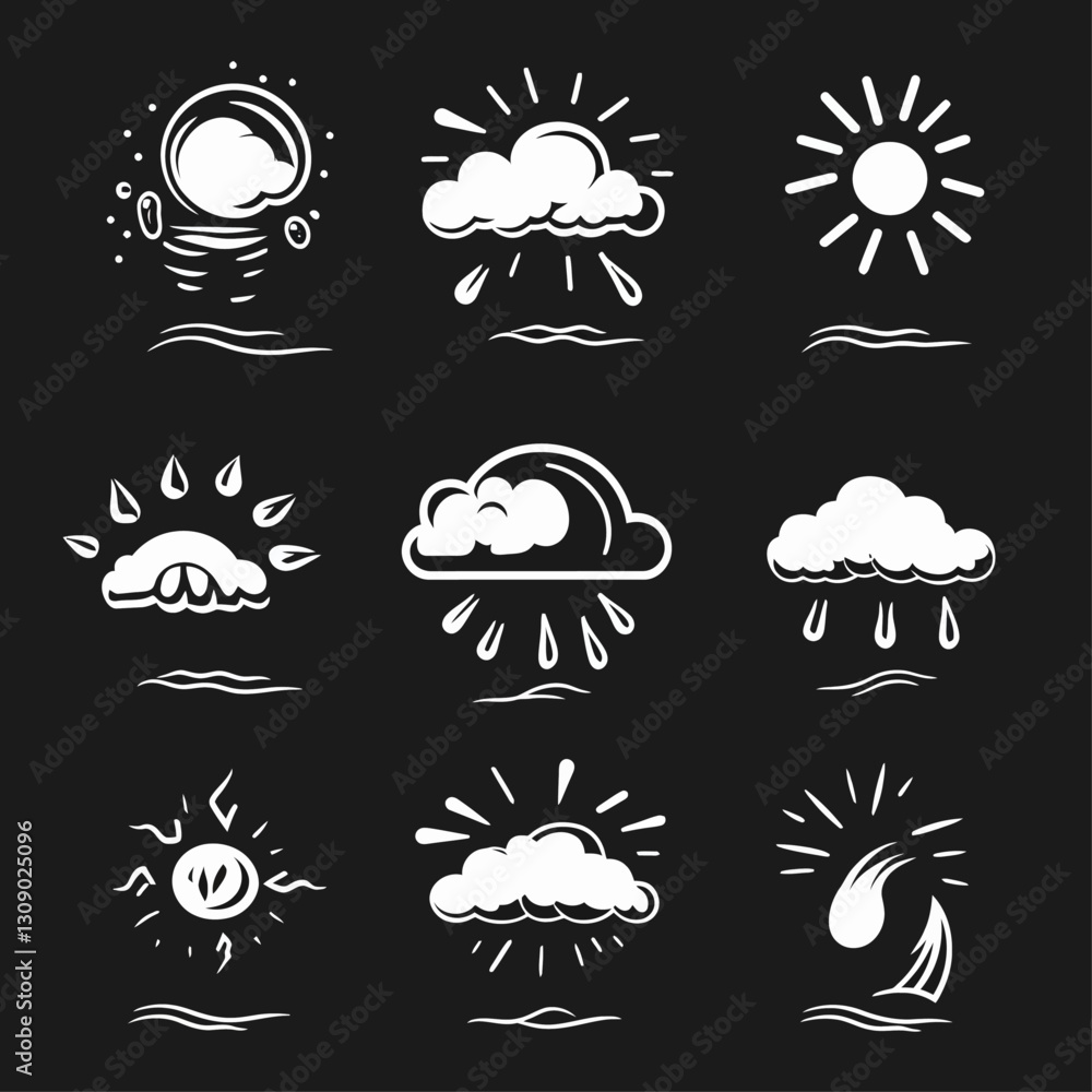 Weather Icons Set with Clouds, Sun, and Rain on Black Background Weather Icons Set with Clouds, Sun, and Rain on Black Background